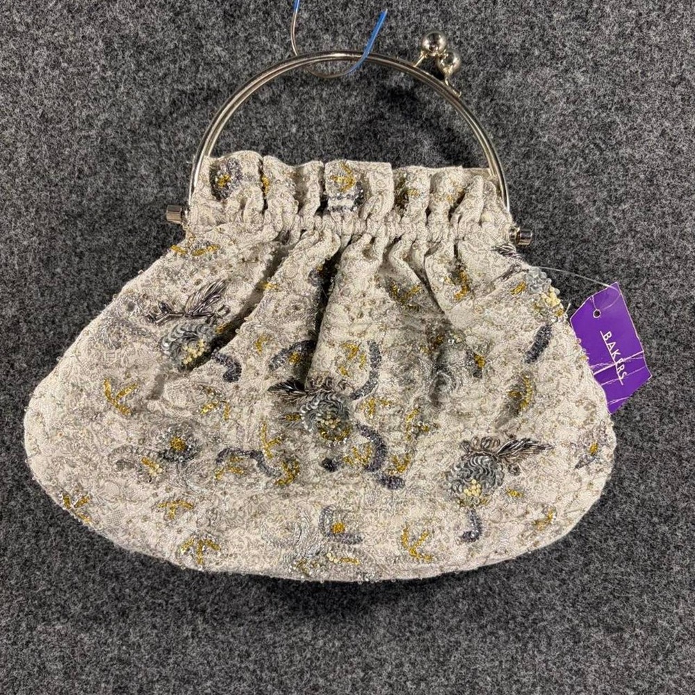 Vintage Romeo Beaded Evening Bag Silver Metal Frame Cream Gold Blue Cord Strap